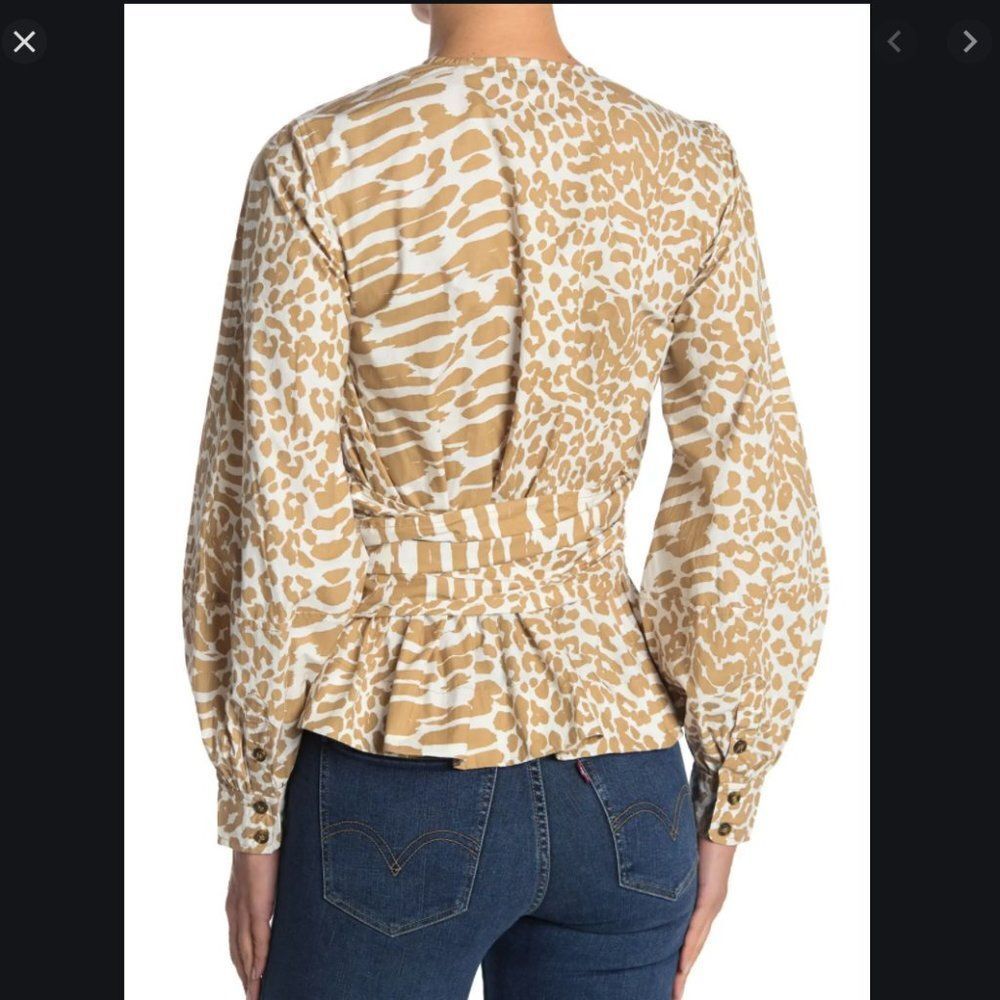 GANNI Printed Puff Sleeve Cotton Poplin Wrap Top - Picture 2 of 2